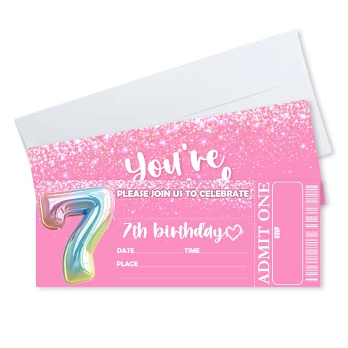 7th Rainbow Balloon Birthday Invitations - 20 Pcs Invites Cards With 20 Envelopes - 3 x 8 Inches Double-Sided Fill-In Vip Tickets For Girl, Teen - Birthday Party Invitation Favors & Decorations - C06