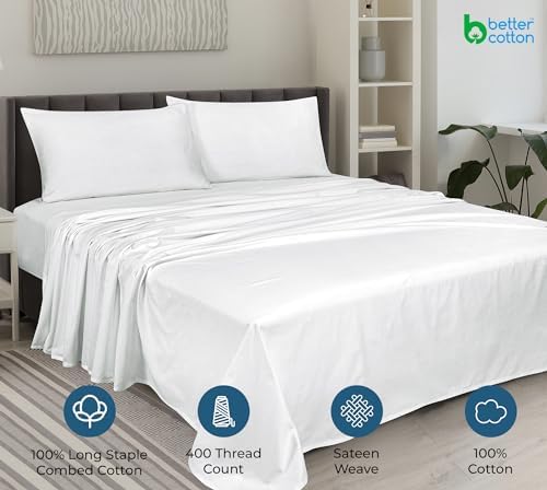 ROYALE LINENS 400 Thread Count 100% American Grown Cotton 4 Piece Sateen Full Sheet Set - 1 Fitted Sheet, 1 Flat Sheet, 2 Pillow case - White Full Bedsheet - Cotton Sheets - (Full, Signature White) - Thumbnail 4
