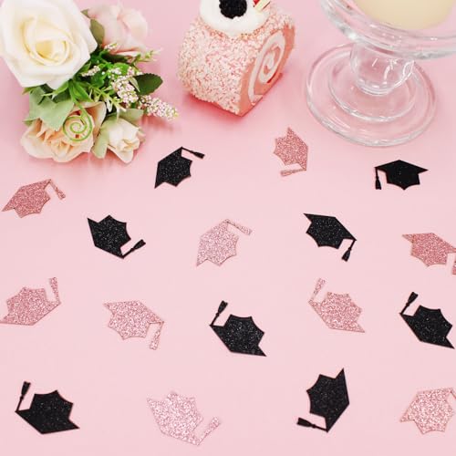 Image of 200PC Black Rose Gold Grad Cap Graduation Confetti for Table Glitter Graduation Hat Table Scatter for Class of 2026 Grad Party Decorations