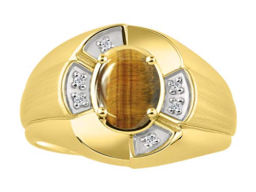 Image of Rylos Yellow Gold Plated Silver Men's & or Ladies Ring with 8X6MM Oval Gemstone & Diamonds - Unisex Color Stone Birthstone Ring Sizes 7-13
