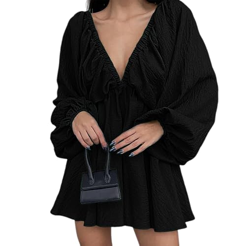 Women's Deep V-Neck Long Puff Sleeve Mini Dress - Sexy Backless Bodycon Dress Soft Flared Hem Dress Summer Spring
