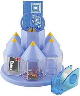 Exerz Rotary Desk Organiser Pen Tidy Set with 5 Accessory Boxes - Multi Colors -Filled with Safety Scissors (NOT Sharp), Ruler, Tape Dispenser, Eraser, Clips (Blue)