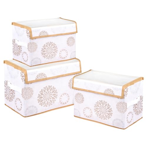 Image of Amazon Brand - Solimo Drawer Storage Box|Clothes Drawer Organizer With Handle|Transparent Lid With Velcro|Wardrobe Organizer|Gola-Print Storage Box|Small, Medium & Large (Pack Of 3, White), Non-Woven