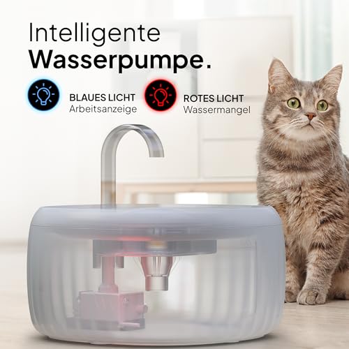 PrettyPaw Katzenbrunnen - Super leiser, BPA-freier 3L Trinkbrunnen für Katze mit LED und Aktivkohlefilter - Leicht zu reinigender Katzen Trinkbrunnen - Aqua Flow (Grau)