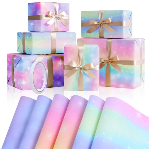 Wrapping Paper 6 Sheets Rainbow Birthday Wrapping Paper Girls Gift Wrap with Tape for Women Wedding Valentines Day Christmas - 70x50cm