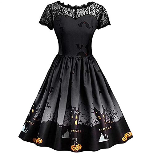 Misaky Women Halloween Cocktail Swing Dress Lace Short Sleeve Vintage Gown Evening Party Dress High Waist Gown Dress