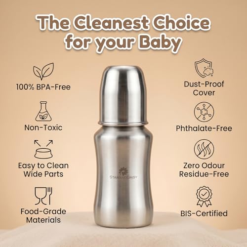 Image of StarAndDaisy Baby Milk Bottle for new Born /Infant /Toddler 140 ML SUS 304 Steel Baby Feeding Bottle for 0+ Months, BPA Free Leakproof Bottle, Anti Colic, Easy to Clean -Silver (Silver -140ML)