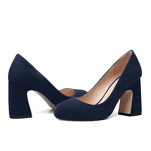 ROSERWISH Womens Slip On Dress Dating Suede Stylish Round Toe Block High Heel Pumps Shoes 3.3 Inch 6