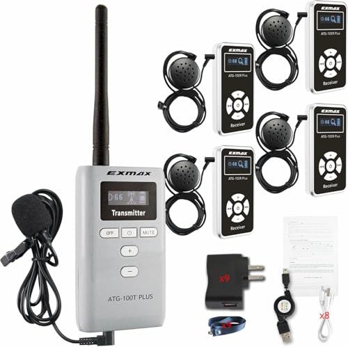 EXMAX ATG-100T PLUS 195MHz Wireless Tour Guide Audio Voice Transmission System Microphone Earphone for Church Translation Simultaneous Interpreting Walking Tour Travel (1 Transmitter & 4 Receivers) miniatura 1