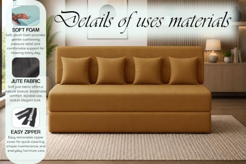 Image of Sofa Cum Bed with Jute Fabric, Convertible Four Seater Sofa Bed 6x6 Ft, Comfortable Cushioned Seating, Space Saving Design for Living Room, Bedroom & Guest Room - Golden Color
