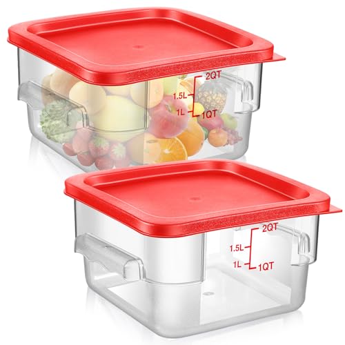 Image of Suclain 2 Pcs Square Food Storage Container Polycarbonate Clear Food Container with Lid Commercial Rice Storage with Graduations for Commercial Kitchen(2 Qt,Red)