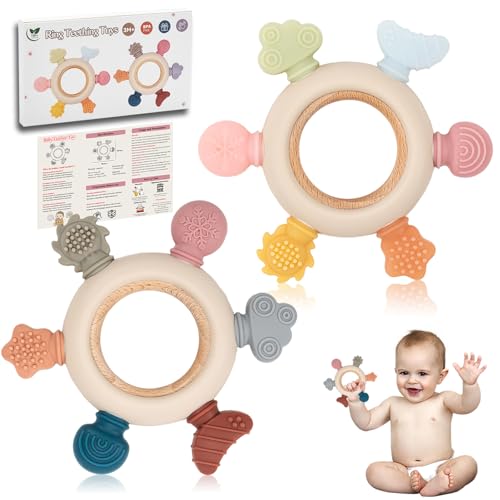 Paquete de 2 juguetes de dentición para bebé, mordedor de silicona sin BPA de 0, 3, 6, 12 meses, alivio de la dentición, juguetes masticables para niños pequeños, Navidad, cumpleaños