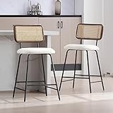 ZH4YOU Rattan Counter Height Bar Stools, 26'' Modern Boucle Counter Stools with Cane Back, Wicker Counter Stools for Kitchen/Home Bar/Restaurant, Set of 2, White Sherpa