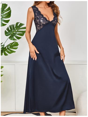 Image of WDIRARA Women's Satin Sleepwear Nightgown | Lace, Backless, Deep V Neck, Sleeveless, Long