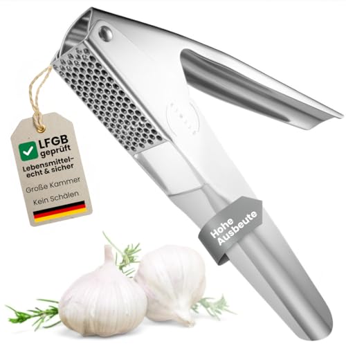 KIMIJO Knoblauchpresse aus Edelstahl - Spülmaschinenfest & rostfrei - Robuste & ergonomische Garlic Press für einfaches Pressen - Perfekt für frischen Knoblauch