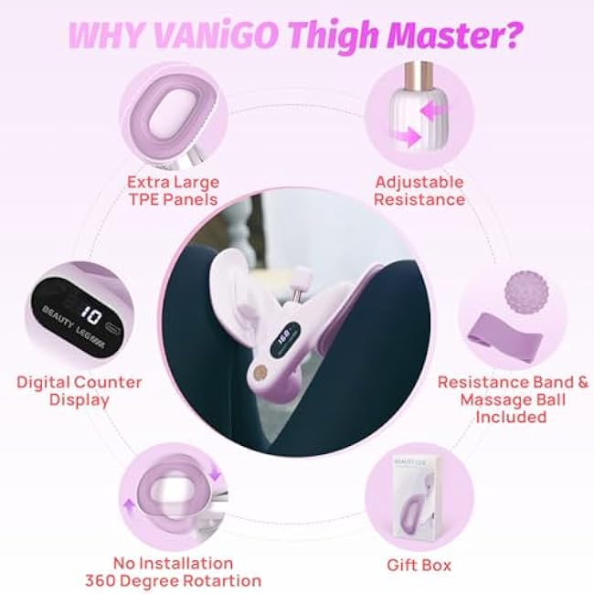 Thigh Master Hip Trainer, VANiGO Kegel Exerciser for Pelvic Floor Muscle Inner Thigh Exerciser with Resistance Band Massage Ball for Home Workout Postpartum Training Glutes Booty Arms Back