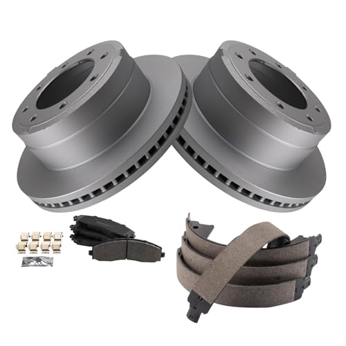 Image of TRQ Rear Brake Pad & Rotor Kit Parking Brake Shoe Set Semi-Metallic Premium G-Coated Compatible with 2013-2021 Ford F-250 Super Duty F-350 Super Duty