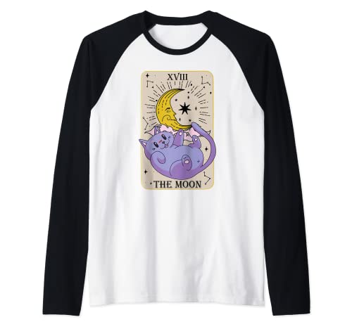 Carta del Tarot La Luna XVIII Kawaii Goth Pastel Anime Gato Camiseta Manga Raglan