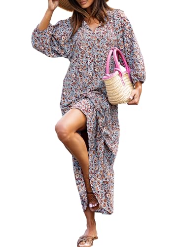 Image of miduo Womens Loose Fit Casual Summer V Neck Half Sleeve Bohemian Geometric Pattern Maxi Long Dresses