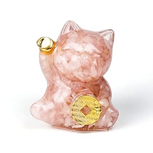 OwMell Crystal Lucky Beckoning Cat Statue, Maneki Neko Feng Shui Cat Figurine, Natural Rose Quartz Tumbled Gemstone Kitty Statue for Good Luck Home Decor 2.5 Inches