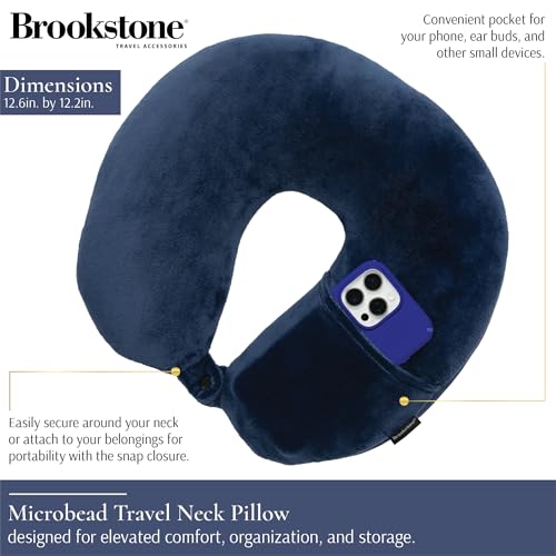 Image of Brookstone Microbead Neck Pillow - Super Soft Cozy Lightweight Plush Travel Pillow with Phone or Headphone Pocket, Blue