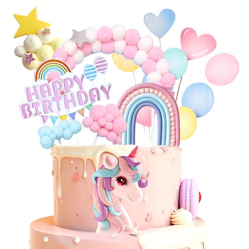 Decoración para tarta de cumpleaños de unicornio 2025, 16 unidades, decoración para tartas, unicornio, arcoíris, unicornio, feliz cumpleaños, decoración de cumpleaños infantil, decoración para tartas
