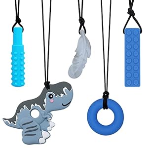 Chew Necklaces for Sensory Boys, Chewy Necklace Sensory Kids with ADHD, SPD, Teething, Biting Needs, Silicone Chew Toys for Autism Kids Reduce Fidget, Toddler Adult Chew Necklace 5 Pack