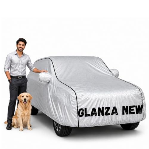 Image of Waterproof Car Cover for Glanza New | Soft Cotton Lining Heavy Duty Triple Stitched Heat Resistant Outdoor Cover Comes with Mirror and Antenna Pocket Full Bottom Elastic (Zig Zag Silver)