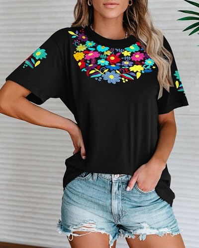 Mexican Shirts for Women Boho Embroidered Floral Shirt Fiesta T Shirt Casual Short Sleeve Tops2