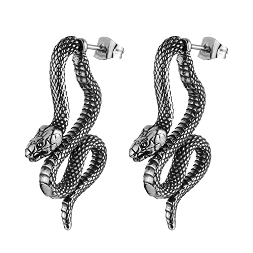 HZMAN Gothic Snake Earring Stainless Steel Punk Hip Hop Green Eye Animal Snakes Piercing Earrings Party Jewelry Gift for Men Women