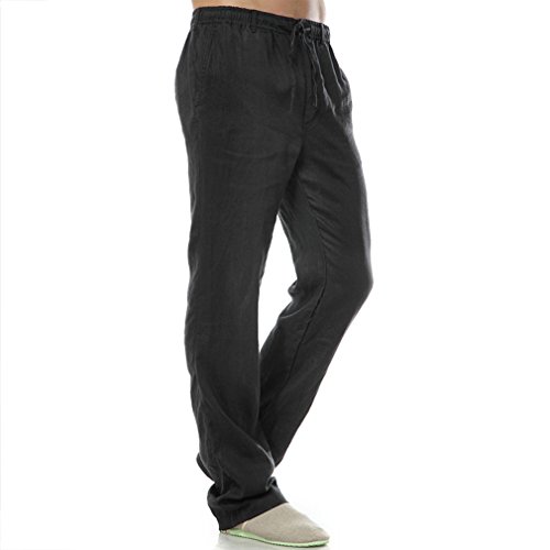 Mens Casual 100% Linen Pants, Loose Fit Drawstring Elastic Waist Lightweight Summer Beach Yoga Trousers3