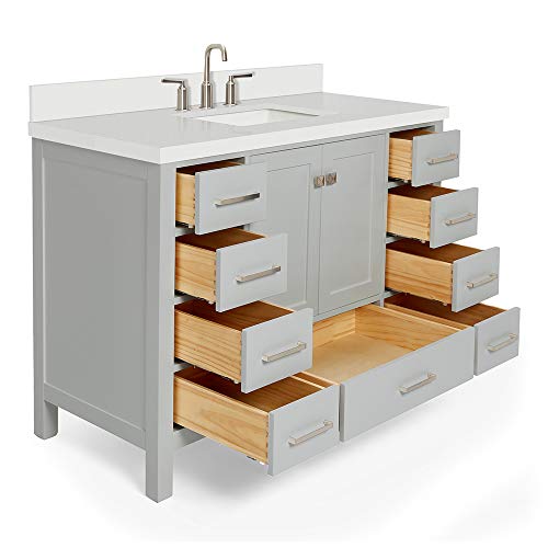 Ariel 49" Inch Grey Bathroom Vanity W/ 1.5" Edge Pure White Quartz Countertop & Backsplash | Single Rectangular Sink | 2 Soft Closing Doors & 9 Full Extension Dovetail Drawers | Satin Nickel Pulls #TOP2