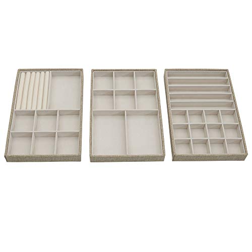 Household Essentials Stackable Jewelry Trays, 3 Varieties, Space for Necklaces, Rings and Earrings, Blended Canvas with Felt Interior, Perfect for Drawers and Closet Shelves, Latte by Household Essentials - Used condition - US$19.33