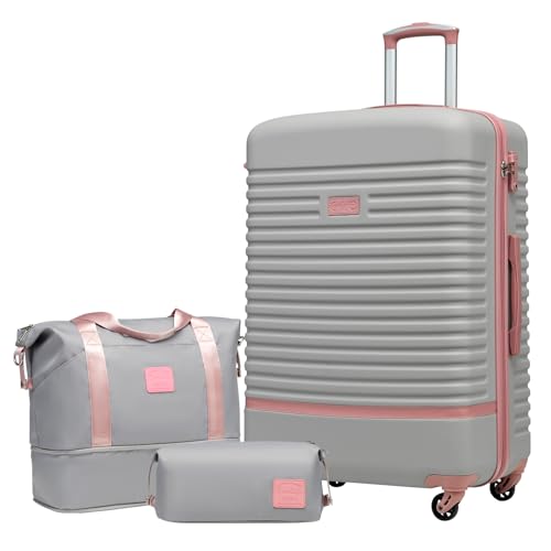 COOLIFE Suitcase Set 3PC - 28" Lightweight ABS Hard Shell Luggage + Travel Bag， Large Suitcase with 360° Wheels, TSA Locks for Family Travel, Cruise & Long Trips Grey/Pink