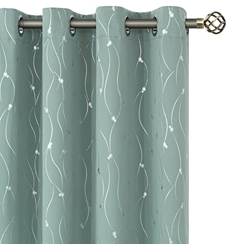 BGment Room Darkening Curtains 63 Inches Long, Grommet Thermal Insulated Blackout Curtains with Wave Line and Dots Printed for Bedroom, 2 Panels, Each 52 x 63 Inch, Frosty Green by BGment - Used condition - US$14.88
