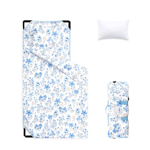 Image of Wake In Cloud - Cot Nap Mat with Pillow and Blanket, for Toddler Kids Girls Ages 3 Plus in Daycare Kindergarten Preschool with Elastic Corner Straps, Floral Botanical Flowers