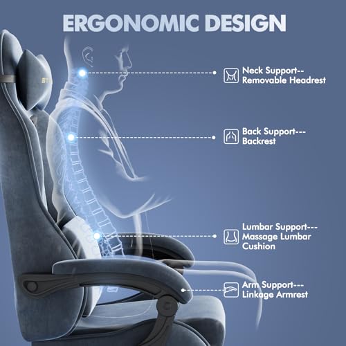 Image of Soontrans Velvet Fabric Ergonomic Gaming Chair with Footrest, Reclining Office Computer Desk Game Chairs with Massage Lumbar Cushion,Headrest,Comfortable Video Gamer Chair for Adult