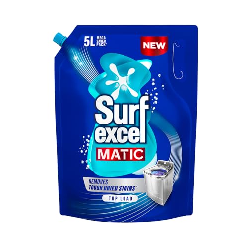Surf Excel Matic Top Load Liquid Detergent 5L Refill Pouch, Specially designed to remove Tough Dried Stains, 1st time in Washing Machine Surf Excel Matic Top Load Liquid Detergent 5L Refill Pouch, Specially designed to remove Tough Dried Stains, 1st time in Washing Machine