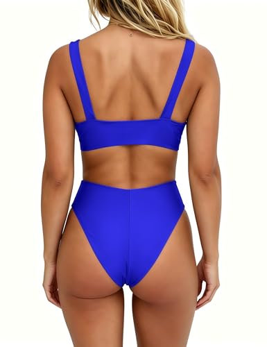 Image of geluboao Bikini Set for Women Solid V Neck Knot Front Push Up High Leg Thong Two Piece Swimsuit