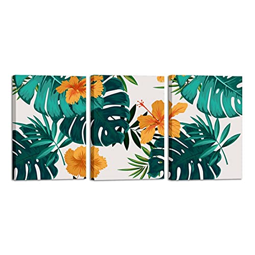 Peinture fleurs hibiscus : 3 toiles prêtes à accrocher pour mur vide