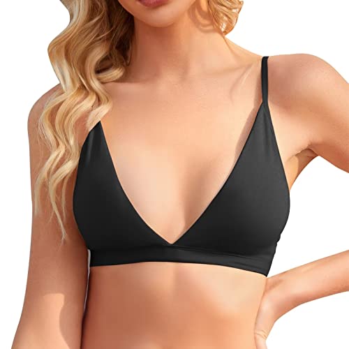 Image of INIBUD Bralette for Women Removable Padded Bra Yoga Seamless V Neck Triangle Adjustable Straps Wireless Black M