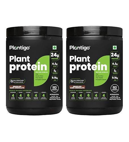 Image of Plantigo Clean Plant Protein Powder | No Preservatives, No Banned Substances | Super Protein Blend - Pea, Brown Rice, Flax | Vegan Green Protein For Men, Women (Brazilian Chocolate - 1 kg x Pack of 2)