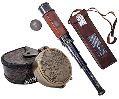 Victorian Antique Brass Telescope with Belt Shoulder Leather Case + Engraved Vintage Brass Leather Case