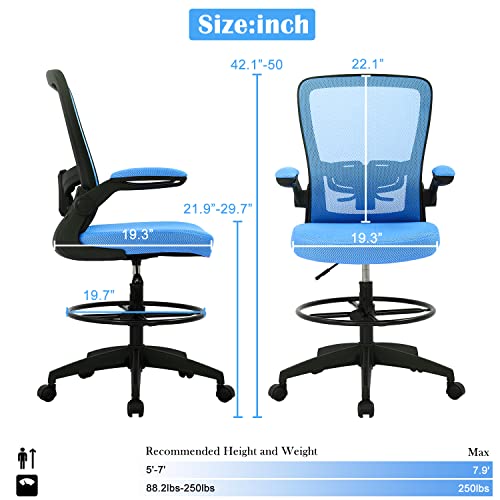 Drafting Chair Ergonomic Office Chair With Lumbar Support Flip Up Arms Footrest,Adjustable Tall Office Chair Swivel Rolling Standing Desk Task Chair Mid Back Mesh Computer Chair Drafting Stool，Blue #TOP6