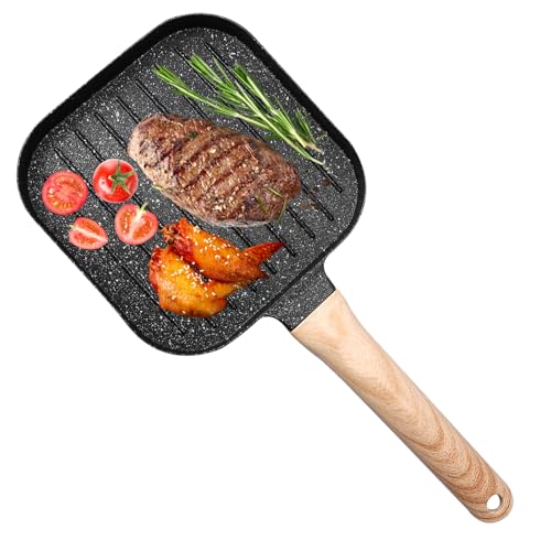 Eyoulife Sartén parrilla cuadrada 36,5 x 18 cm, parrilla de inducción con revestimiento antiadherente, mango de madera maciza, sartén para carne de aleación de aluminio, resistente, duradera, para