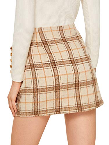 Makemechic Women's Plaid Skirt High Waisted Pencil Mini Skirt D Beige Brown S #TOP1