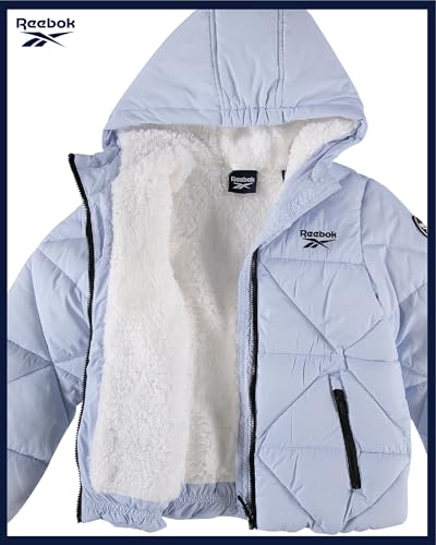 Image of Reebok Girls Heavyweight Quilted Cropped Puffer Parka with Sherpa Lining | Plush Faux-Fur Trim, Wind-Blocking Hood, Deep Pockets for Warm Hands, Modern Silhouette for School and Cold Days