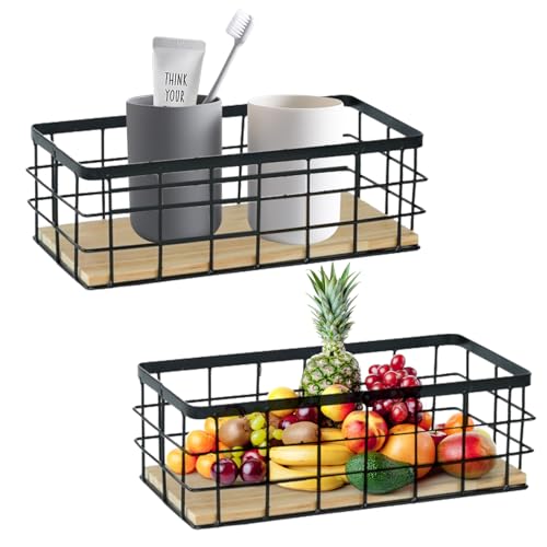 Hyuetrsa Confezione da 2 piccoli cestini in filo metallico, per casa, cucina, bagno, colore: nero