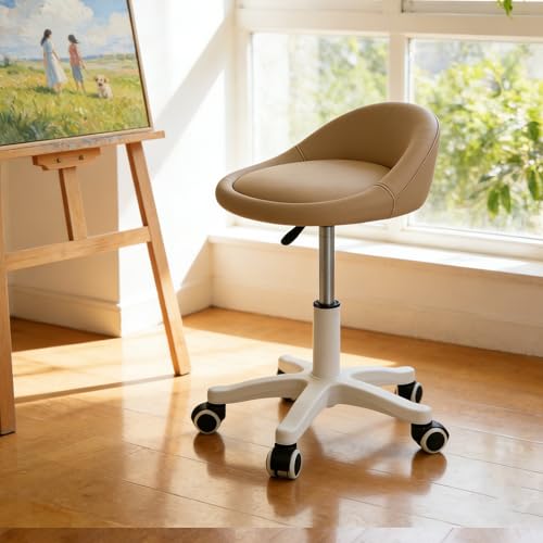 Image of Swivel Rolling Stool with Wheels, Height Adjustable PU Leather Drafting Chair, Round Seat for Salon, Spa, Tattoo, Office, Home Use Khaki Set of 1