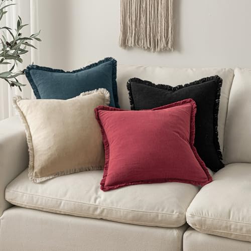 Image of MIULEE Boho Linen Fringe Decorative Throw Pillow Covers Burgundy 20x20